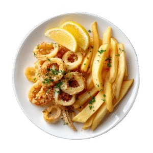 Calamari fritti con patate fritte