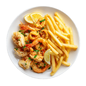 Fritto misto di pesce con patate fritte