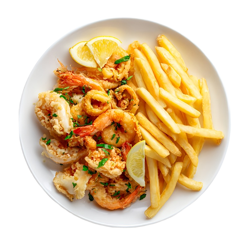Fritto misto di pesce con patate fritte